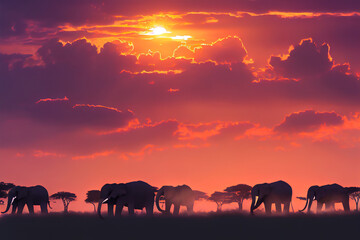 Fototapeta na wymiar Wild elephants under a magnificent sunset overlooking the wild savannah