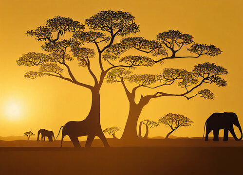 Modern African Art Representing A Wildlife Reserve In Africa, Fauna And Flora