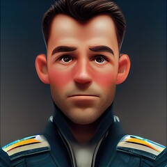 Jet fighter pilot without helmet portrait. Animated movie character design isolated. Animation 3d digital art style, realistic light render. 3D illustration.