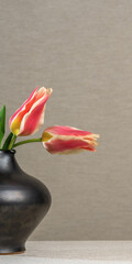 Four scarlet tulips in a gray earthenware jug on a light gray background. Spring freshness. Still life. Minimalism. Bouquet of flowers. Joy. Comfort at home. Aroma of flowers.