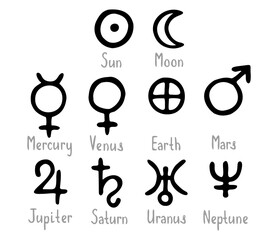 Solar system planets symbols set. Vector hand drawn elements.