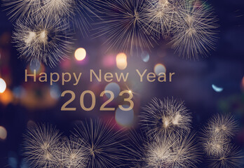 2023 Happy New Year, Colorful golden holiday festival celebration fireworks with text. 
