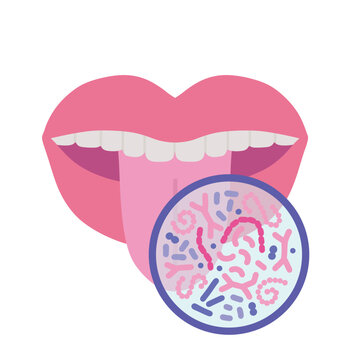 Oral Microbiome Concept. Healthy Probiotic Bacteria In Human Mouth. Tooth And Tongue Microbiota - Lactobacillus, Streprococcus. Flat Hand Drawn Vector Illustration.