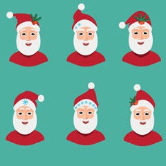 A large set of Santa hats is isolated on a transparent background. Vector Santa Claus hat colllection, holiday cap for xmas illustration. Vector illustration in cartoon style.
