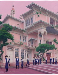 Obraz premium Pink School cute , midday, blue skies