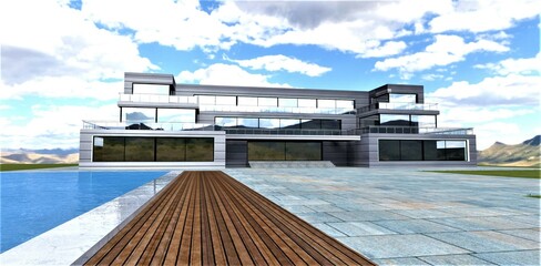 A terraced walkway along the pool in the courtyard of a luxurious country building. Paving stones from rectangular massive stone slabs. 3d rendering.