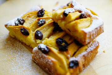 Homemade apple cake with raisins sprinkled with powdered sugar