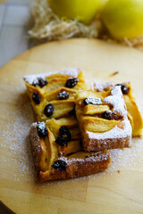 Homemade apple cake with raisins sprinkled with powdered sugar