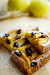 Homemade apple cake with raisins sprinkled with powdered sugar