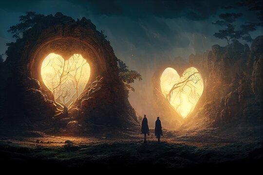 World of love. Fantasy landscape with heart silhouette. Magic mysterious country of love. Portal in the shape of a heart to the unreal world of love. 
