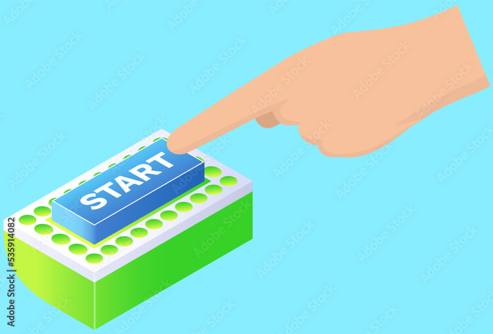 Poster human hand pressing start button, just get started concept. to turn on light. startup, launch, run s