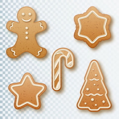 Christmas gingerbread cookies. Set of various shapes man, snowflake, tree, candy and star. Collection gingerbread cookies figures