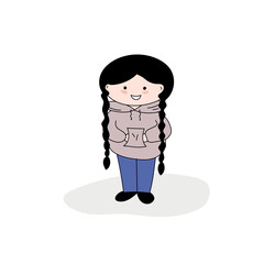 cute girl with long pigtails, vector illustration