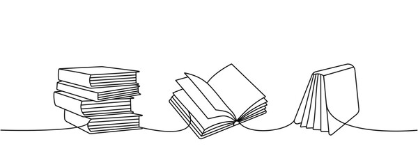 Books set one line continuous drawing. Bookstore, library continuous one line illustration. Vector minimalist linear illustration.