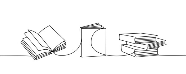 Set of books one line continuous drawing. Bookstore, library continuous one line illustration. Vector minimalist linear illustration.