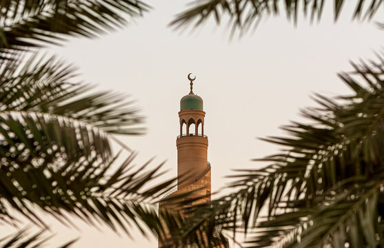 Kassem Darwish Fakhroo Islamic Centre Mosque through palm trees on the Doha Skyline, Qatar