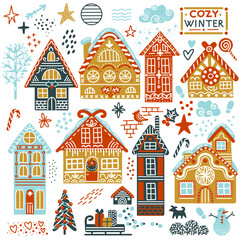 Christmas square card with houses vector illustration