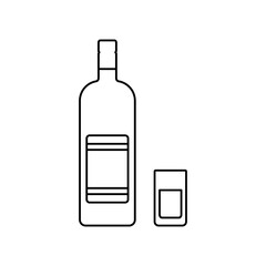 Bottle and glass of vodka. Linear icons beverages isolated on white background. Outline black alcohol drinks with wineglasses in flat design. Thin line objects. Vector illustration.