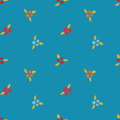 Vector pattern with blue and pink twigs and berries, geometric abstract flowers