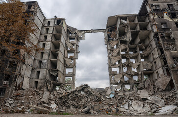 destroyed and burned houses in the city during the war in Ukraine