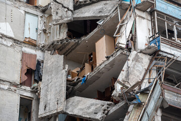 destroyed and burned houses in the city during the war in Ukraine