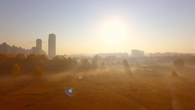 kiev in the morning in the sun in the fog view from a drone