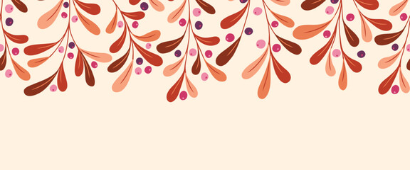 Fall Wild Forest Foliage and Berries Vector Seamless Horizontal Pattern Border. Blueberry Twigs. Thanksgiving Festive Washi Tape Print. Festive Botanical Design