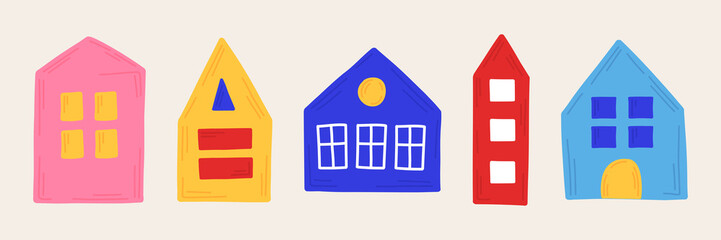 New Year set Christmas cozy house in hand drawn style. Isolated icons, stickers, elements for the design of brochures, postcards, posters, invitations.