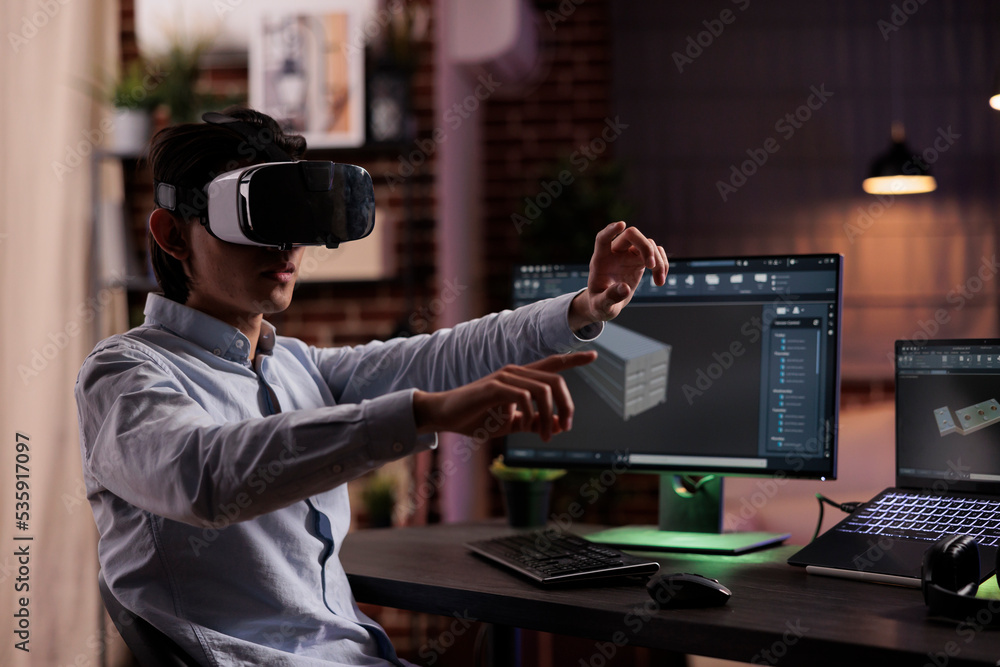 Poster cad engineer manufacturing industrial product using interactive vr goggles and computer. engineering
