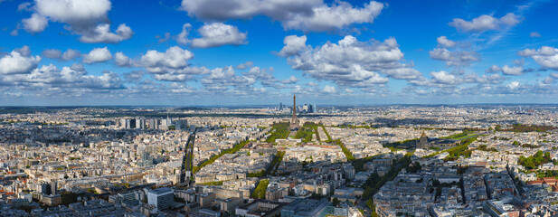 Aerial panoramic view of Paris with Eiffel Tower, France