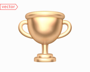Golden cup in plastic cartoon style. Trophy cup. Champion trophy, sport award. Winner prize, champions celebration. Design element isolated on white background. Realistic 3D Vector illustration