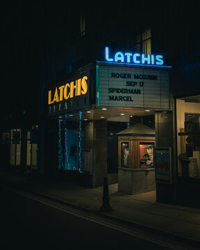 Latchis Theatre vintage neon sign at night, Brattleboro, Vermont