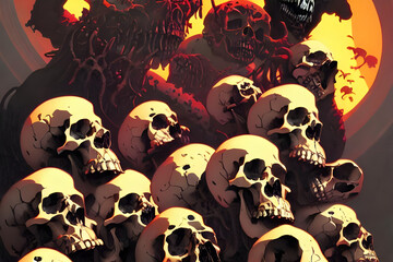 pile of sculls in hell - american graphic novel / comic cover / poster style - H. P. Lovecraft