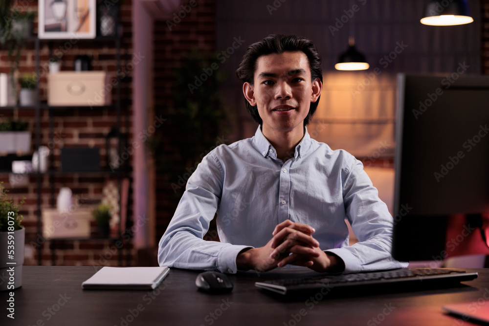 Poster male freelancer working remotely on computer, using online research information on website to plan b