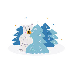 Vector illustration with cute white bear in the winter forest. 