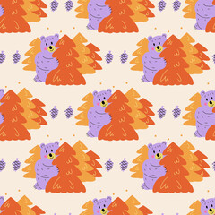 Seamless pattern of cute bears in the wood. Modern design for fabric and paper, surface textures.