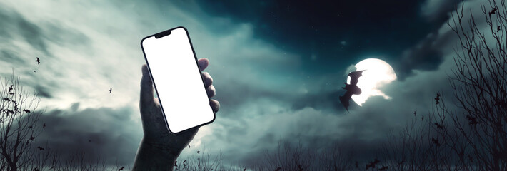 zombie hand holding a mobile phone on Halloween night - transparent PNG