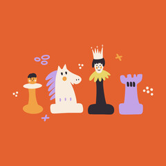 Vector illustration with colorful cute chess pieces on orange background.