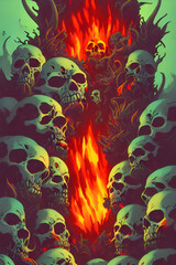 Fototapeta na wymiar pile of sculls in hell with fire and smoke - american graphic novel / comic cover / poster style - H. P. Lovecraft - horror - heavy metal