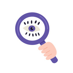 Vector illustration with magnifying glass and an eye isolated on white background. Flat style analysis symbol.