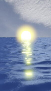 vertical 3d render of the sun rising behind the sea with yellow reflections in the water