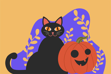 Cute black cat and pumpkin head on Halloween day. Halloween greeting card with cute black cat and spooky pumpkin. Animal holidays cartoon character.