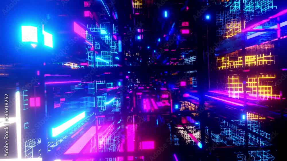 Poster flight through hi-tech technology tunnel with camera shake. neon light, sci-fi constructions, 3d obj