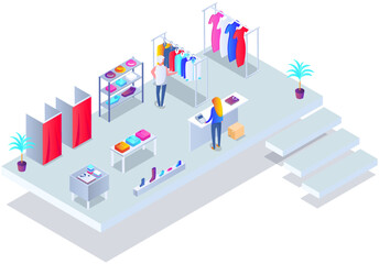 Customer choosing clothes in store. Shop assistant consultant helps buyer to choose product during shopping. Purchaser service in mall. People stand near hangers with clothes in store or boutique