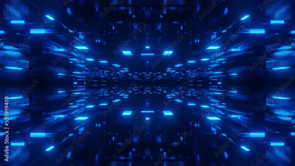 Aufkleber fly through symmetrical technology cyberspace with neon glow. sci-fi flight through hi-tech technolo