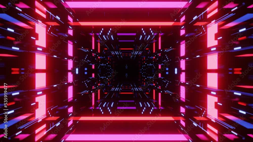 Aufkleber fly through symmetrical technology cyberspace with neon glow. sci-fi flight through hi-tech technolo