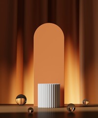 Minimalist white geometric pedestal for product showcase. Abstract orange background. Empty mock up template. Cylinder shape. Blank cosmetic beauty stage. 3d render illustration