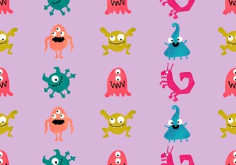 Monsters aliens cartoon seamless Halloween doodle pattern for wrapping paper and clothes print and kids