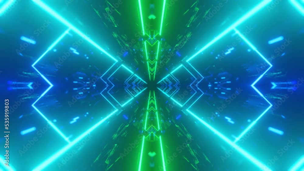 Aufkleber fly through symmetrical technology cyberspace with neon glow. sci-fi flight through hi-tech technolo