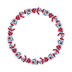 Christmas wreath of rowan branches, painted in watercolor. For posters, stickers, cards, invitations, wrapping paper, textiles, interior decor.